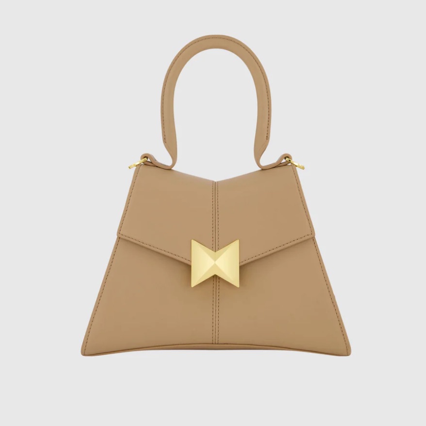 Mac Duggal Angular Small Taupe Leather Handbag With Gold Hardware